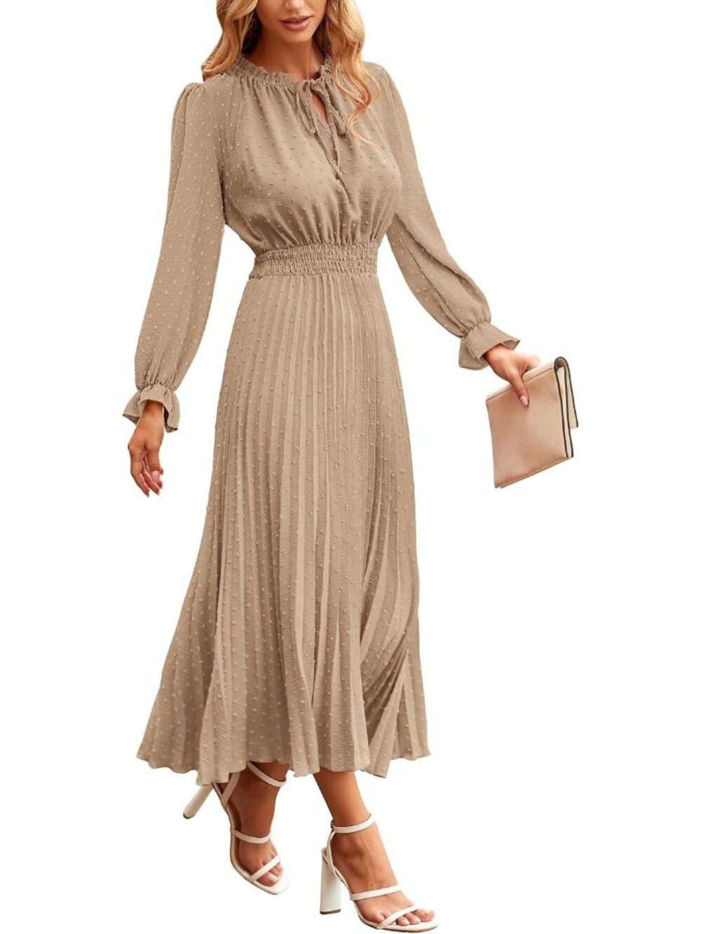 Women's Khaki Fall Long Puff Sleeve V Neck Swiss Dot Wedding Guest Midi Dresses